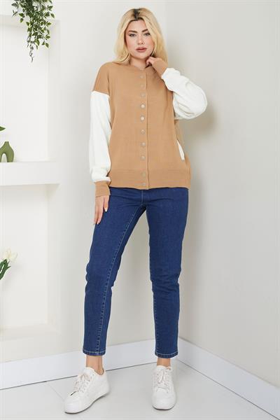 Bomber Yaka Çıtçıtlı Triko Hırka SS2615 Camel