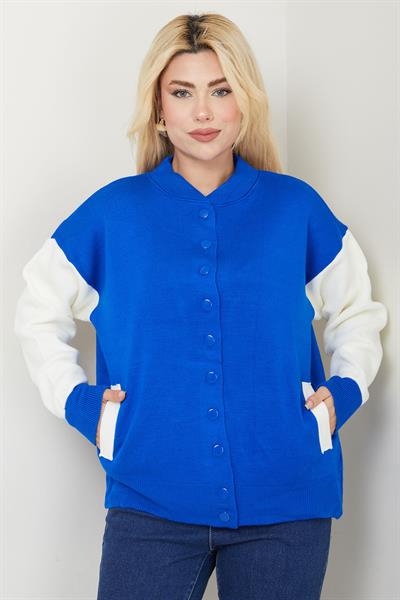 Bomber Yaka Çıtçıtlı Triko Hırka SS2615 Saks