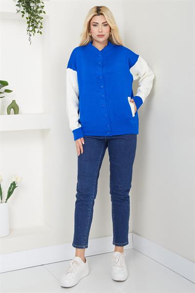 Bomber Yaka Çıtçıtlı Triko Hırka SS2615 Saks