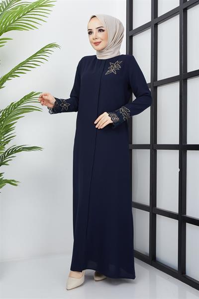 Büyük Beden Dantel Taş İşleme Detaylı Lacivert Ferace SS2029