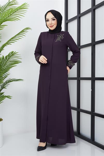 Büyük Beden Dantel Taş İşleme Detaylı Mürdüm Ferace SS2029