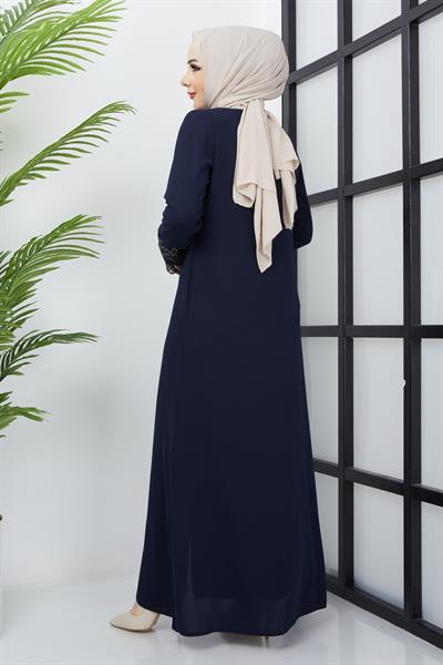Büyük Beden Dantel Taş İşleme Detaylı Lacivert Ferace SS2029