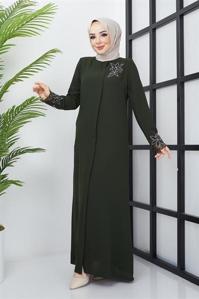 Büyük Beden Dantel Taş İşleme Detaylı Haki Ferace SS2029