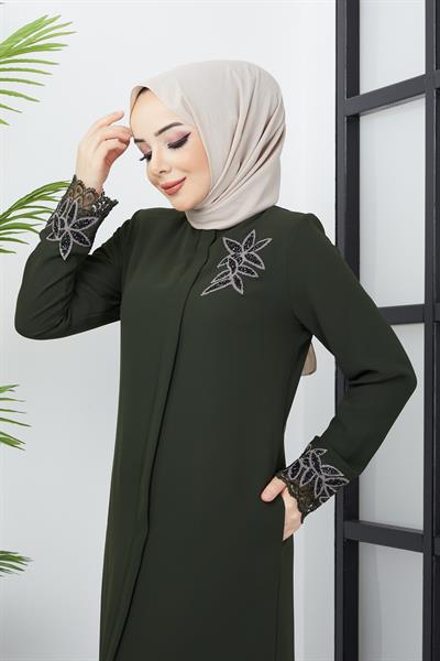 Büyük Beden Dantel Taş İşleme Detaylı Haki Ferace SS2029