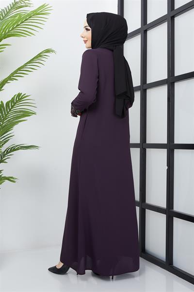 Büyük Beden Dantel Taş İşleme Detaylı Mürdüm Ferace SS2029