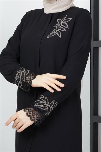 Büyük Beden Dantel Taş İşleme Detaylı Siyah Ferace SS2029
