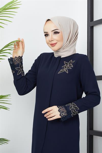 Büyük Beden Dantel Taş İşleme Detaylı Lacivert Ferace SS2029