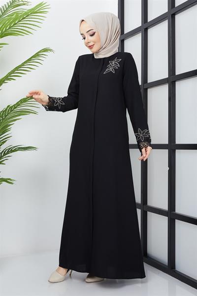 Büyük Beden Dantel Taş İşleme Detaylı Siyah Ferace SS2029