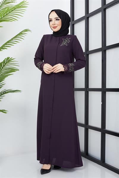Büyük Beden Dantel Taş İşleme Detaylı Mürdüm Ferace SS2029