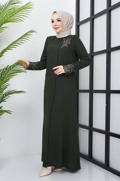 Büyük Beden Dantel Taş İşleme Detaylı Haki Ferace SS2029