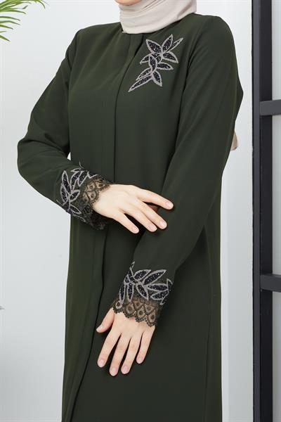 Büyük Beden Dantel Taş İşleme Detaylı Haki Ferace SS2029