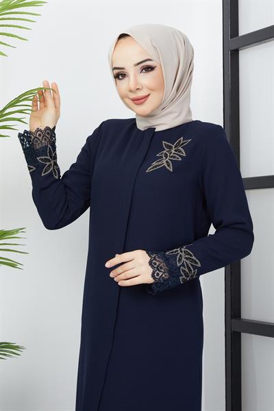 Büyük Beden Dantel Taş İşleme Detaylı Lacivert Ferace SS2029