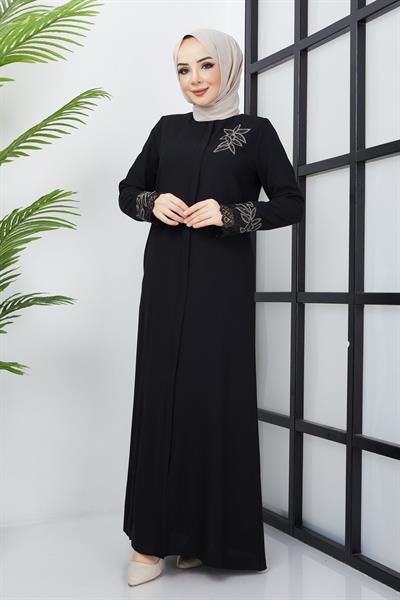 Büyük Beden Dantel Taş İşleme Detaylı Siyah Ferace SS2029