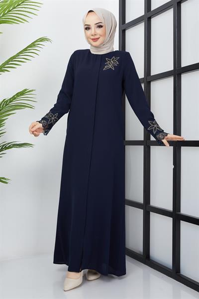 Büyük Beden Dantel Taş İşleme Detaylı Lacivert Ferace SS2029