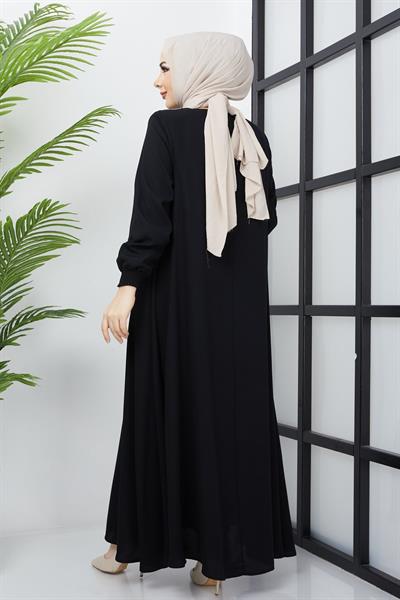 Büyük Beden Kolları Gipe Detaylı Siyah Ferace SS2031