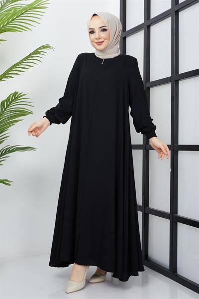 Büyük Beden Kolları Gipe Detaylı Siyah Ferace SS2031