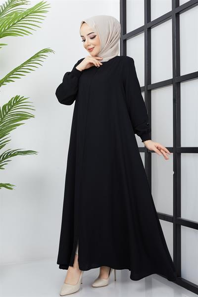 Büyük Beden Kolları Gipe Detaylı Siyah Ferace SS2031