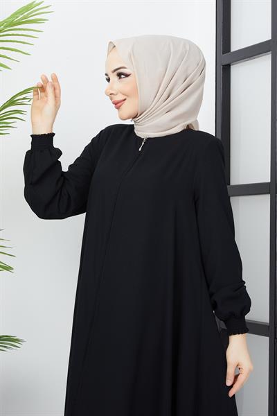 Büyük Beden Kolları Gipe Detaylı Siyah Ferace SS2031