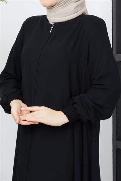 Büyük Beden Kolları Gipe Detaylı Siyah Ferace SS2031