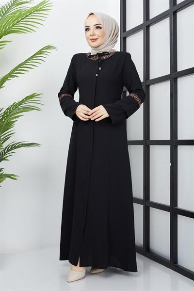 Büyük Beden Nakış İşleme Detaylı Siyah Ferace SS2032
