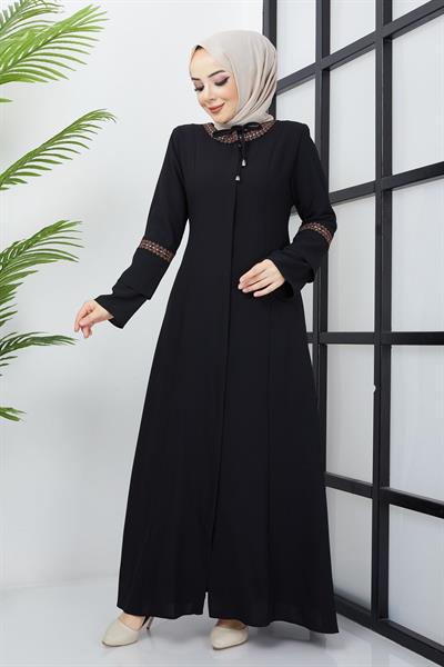 Büyük Beden Nakış İşleme Detaylı Siyah Ferace SS2032