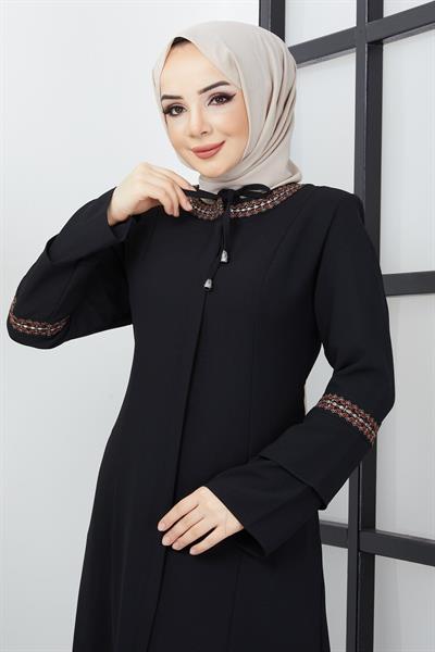 Büyük Beden Nakış İşleme Detaylı Siyah Ferace SS2032