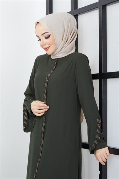 Büyük Beden Taş Detaylı Ferace Haki SS02030