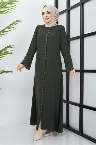 Büyük Beden Taş Detaylı Ferace Haki SS02030
