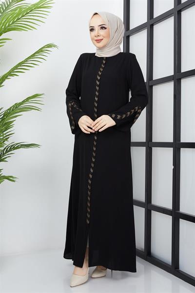 Büyük Beden Taş Detaylı Ferace Siyah SS02030