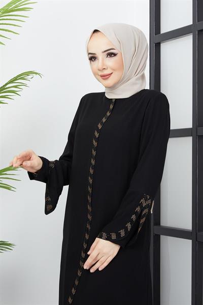Büyük Beden Taş Detaylı Ferace Siyah SS02030
