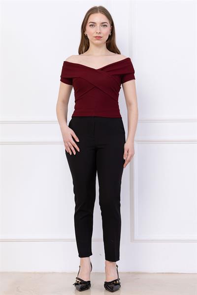 Çapraz Kesim Madonna Yaka Crop Bordo SS2743