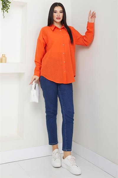 Cepli Oversize Keten Gömlek Mercan SS2651