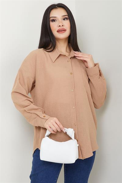 Cepli Oversize Keten Gömlek Vizon SS2651
