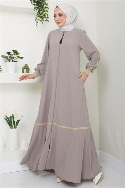Çizgi Detaylı Bej Rengi Ferace SS2035