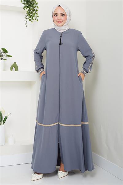 Çizgi Detaylı Gri Ferace SS2035