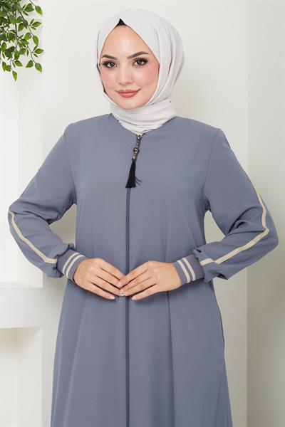 Çizgi Detaylı Gri Ferace SS2035