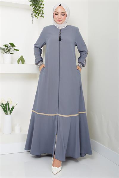 Çizgi Detaylı Gri Ferace SS2035