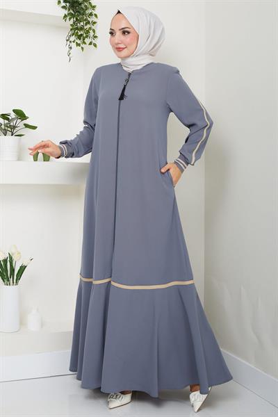 Çizgi Detaylı Gri Ferace SS2035