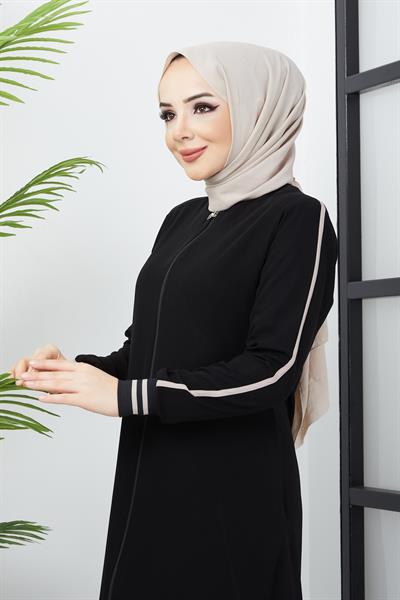 Çizgi Detaylı Siyah Ferace SS2035