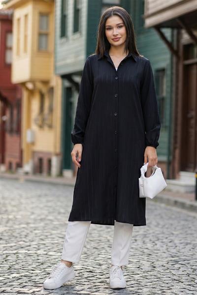 Düğmeli Uzun Gömlek Siyah SS2109 