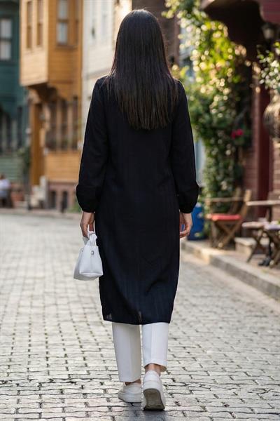 Düğmeli Uzun Gömlek Siyah SS2109 