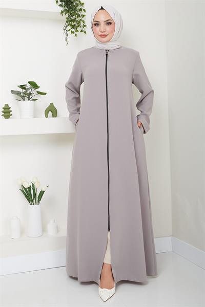 Fermuarlı Büyük Beden Ferace Bej SS2488