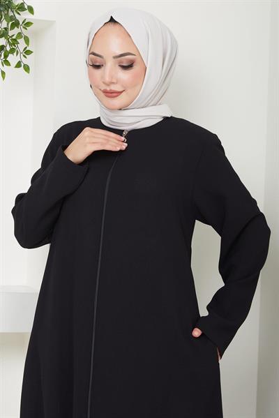 Fermuarlı Büyük Beden Ferace Siyah SS2488
