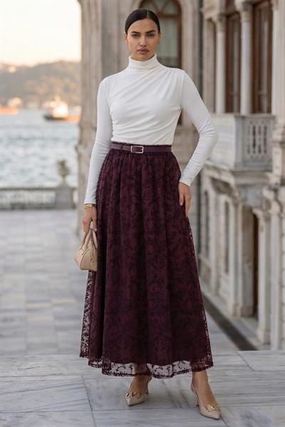 Flok Baskılı Kemerli Astarlı Tül Etek Mürdüm SS2877