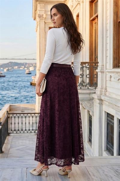 Flok Baskılı Kemerli Astarlı Tül Etek Mürdüm SS2877