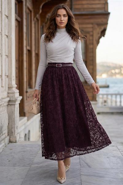 Flok Baskılı Kemerli Astarlı Tül Etek Mürdüm SS2877
