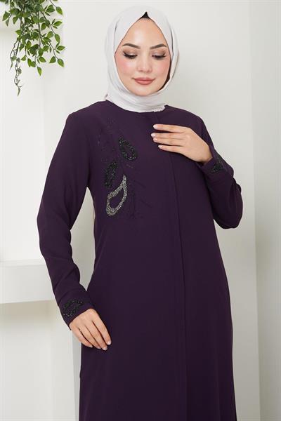 Hüma Taş Detaylı Ferace Mürdüm SS2479