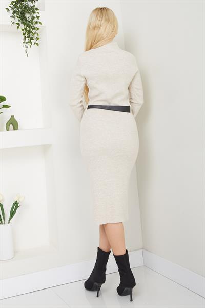 Kemerli Fitilli Triko Elbise Bej SS2598