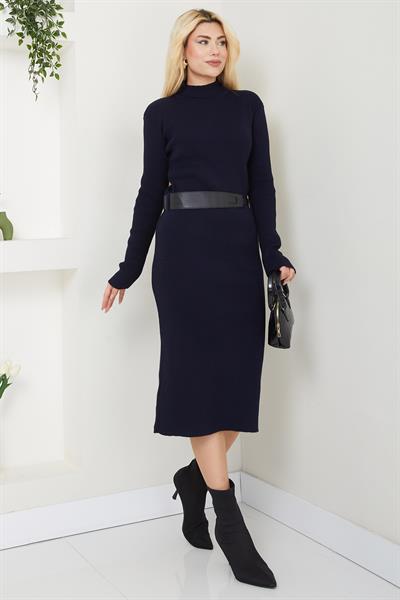 Kemerli Fitilli Triko Elbise Lacivert SS2598