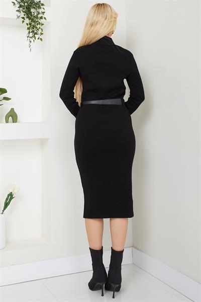 Kemerli Fitilli Triko Elbise Siyah SS2598
